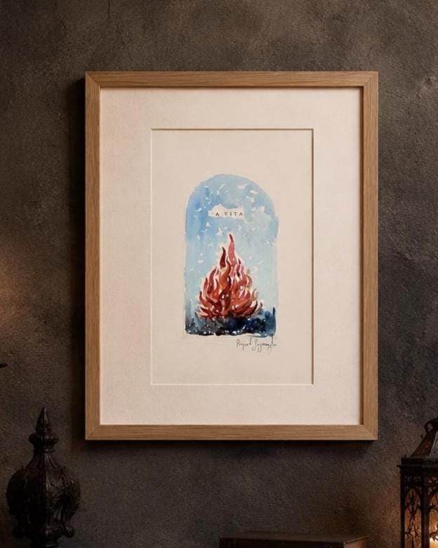 A' vita, fiamma di corni napoletani, dipinto a mano su una pagina del libro di Antonio De Curtis (Totò) acquerello di Pasquale Scognamiglio