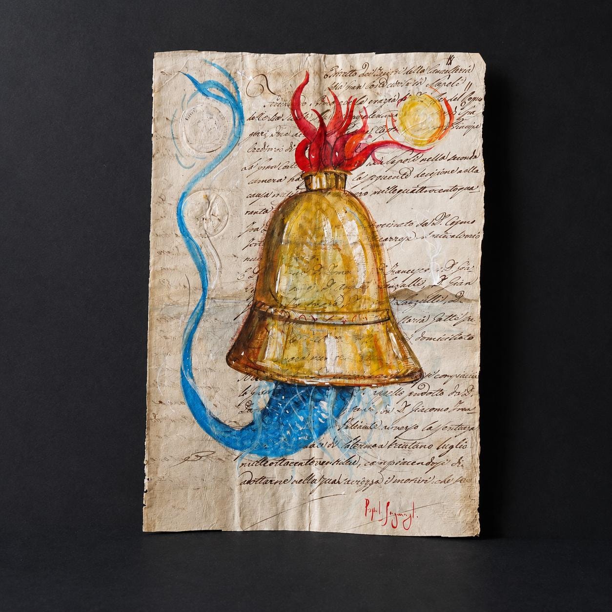Acquarello originale su manoscritto borbonico 1800 | Talismano visivo Partenopeo | Arte sacra simbolica napoletana | Pasquale Scognamiglio
