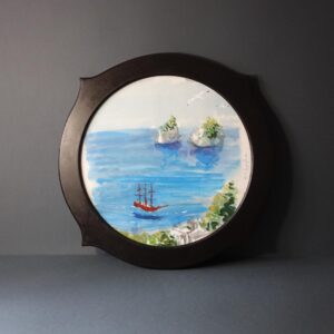 Acquarello Originale Veliero Rosso – , Cornice Circolare in Legno – Pittura Mare, Regalo per Appassionati di Navigazione e arte moderna