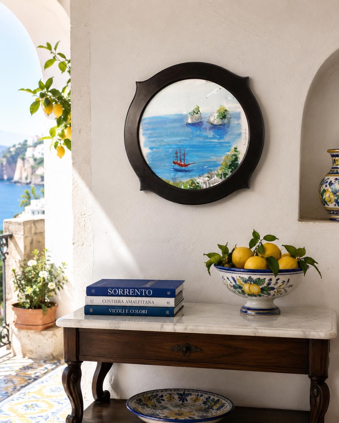Acquarello Originale Veliero Rosso – , Cornice Circolare in Legno – Pittura Mare, Regalo per Appassionati di Navigazione e arte moderna - Image 2