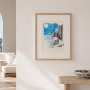 Acquerello Originale "Ulisse, la Luna e le Sirene" – Mito Mediterraneo, Arte Napoletana Contemporanea su Carta, 21x15cm