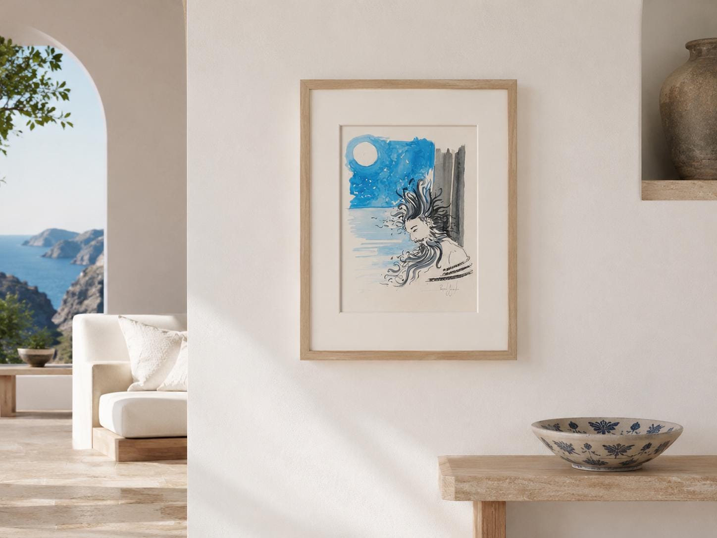 Acquerello Originale "Ulisse, la Luna e le Sirene" – Mito Mediterraneo, Arte Napoletana Contemporanea su Carta, 21x15cm