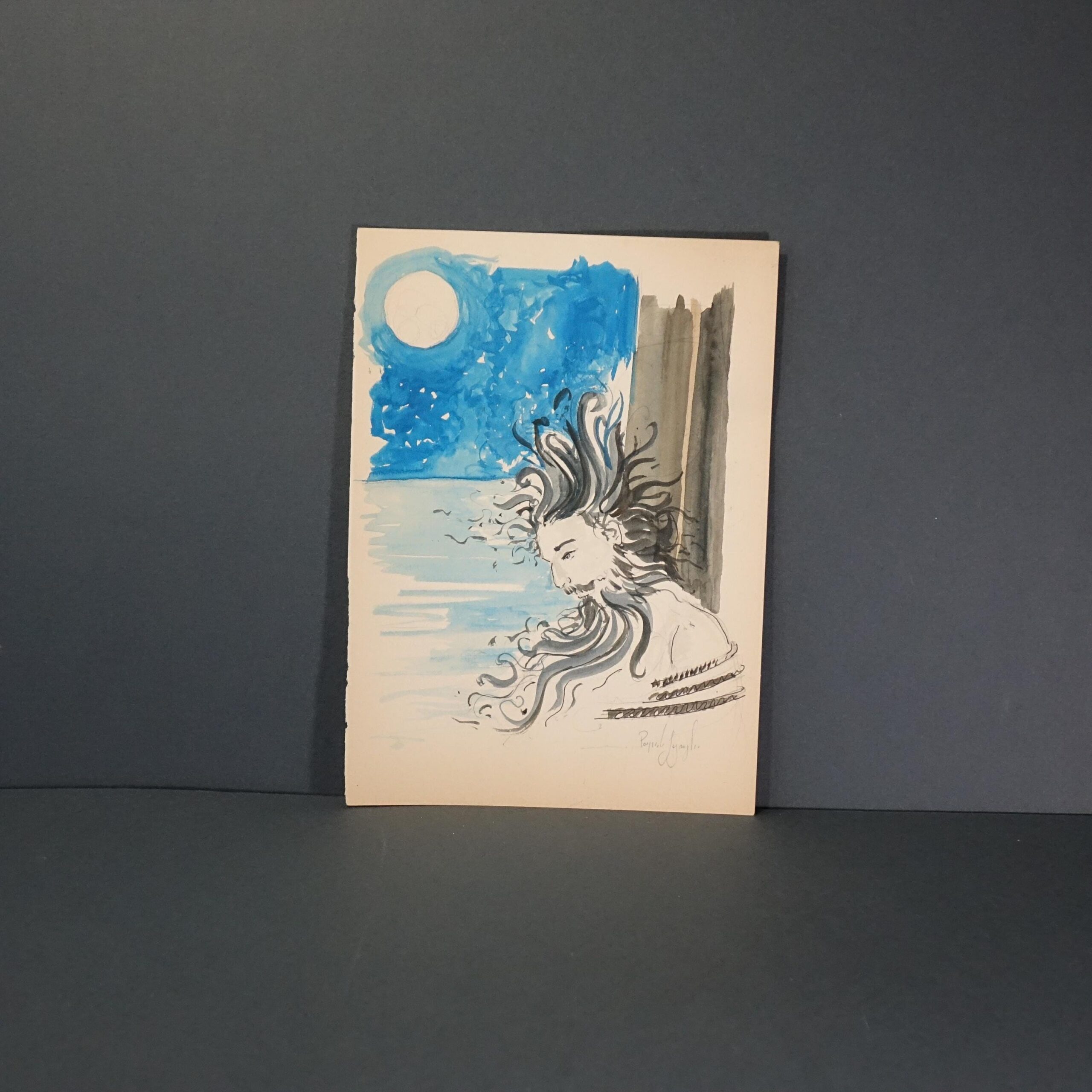 Acquerello Originale "Ulisse, la Luna e le Sirene" – Mito Mediterraneo, Arte Napoletana Contemporanea su Carta, 21x15cm - Image 2