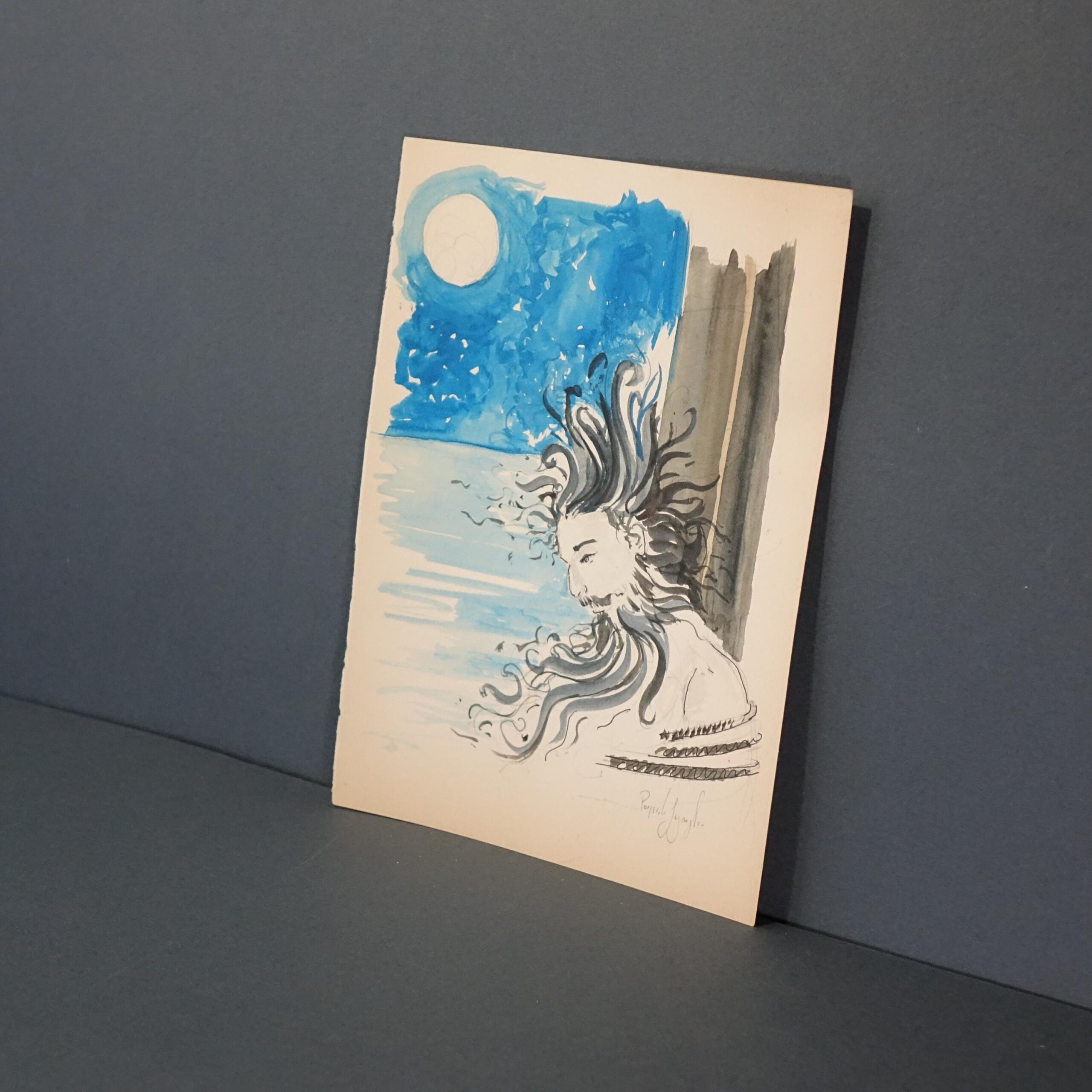 Acquerello Originale "Ulisse, la Luna e le Sirene" – Mito Mediterraneo, Arte Napoletana Contemporanea su Carta, 21x15cm - Image 3