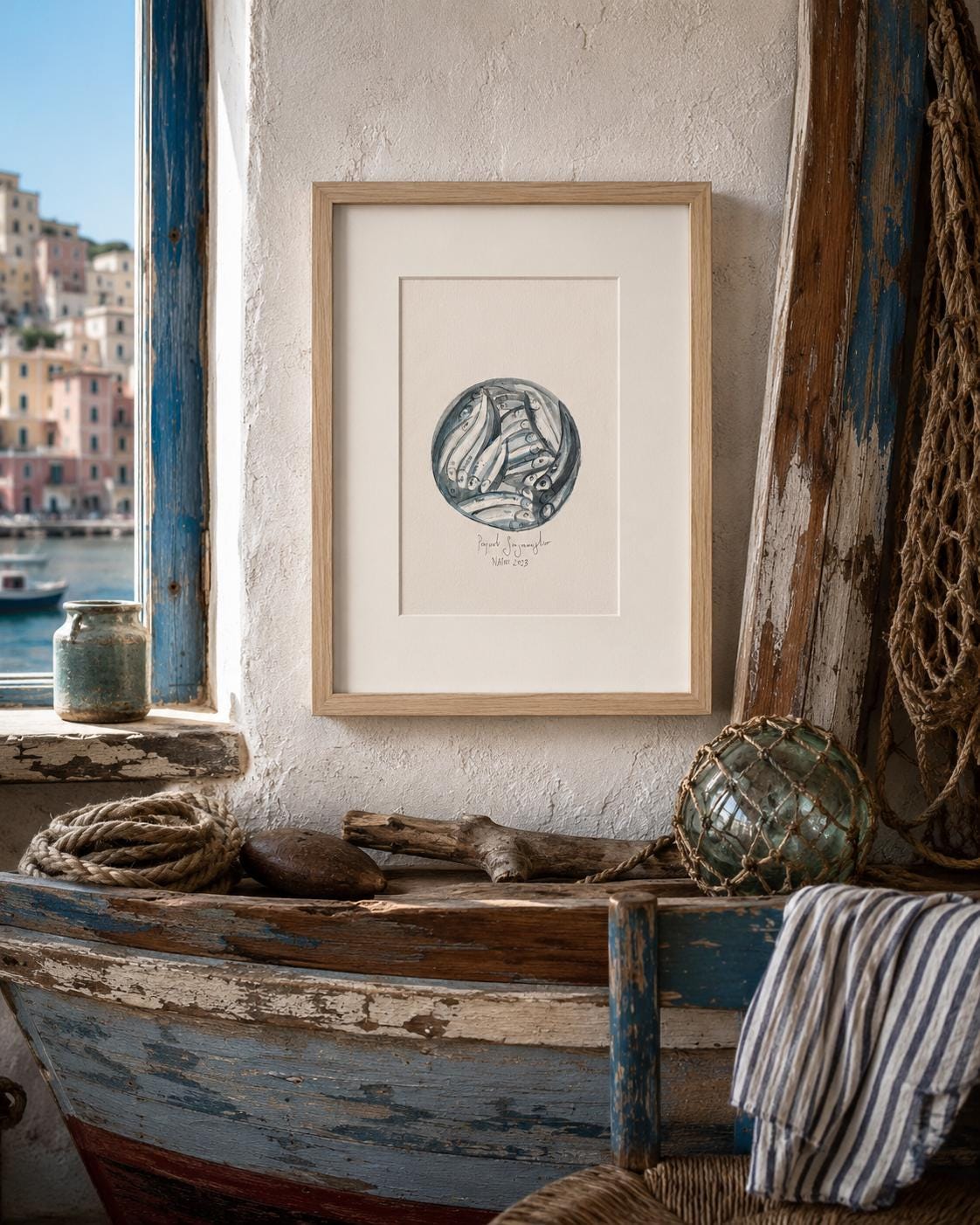 Dipinto di pesca alici di Napoli, dipinto a mano su carta Amalfi 100% cotone da 250g , firmato a mano da Pasquale Scognamiglio