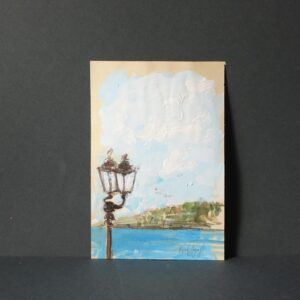 Dipinto originale su carta con paesaggio marino, Mergellina di Napoli – opera firmata, arte mediterranea, firmato Pasquale Scognamiglio