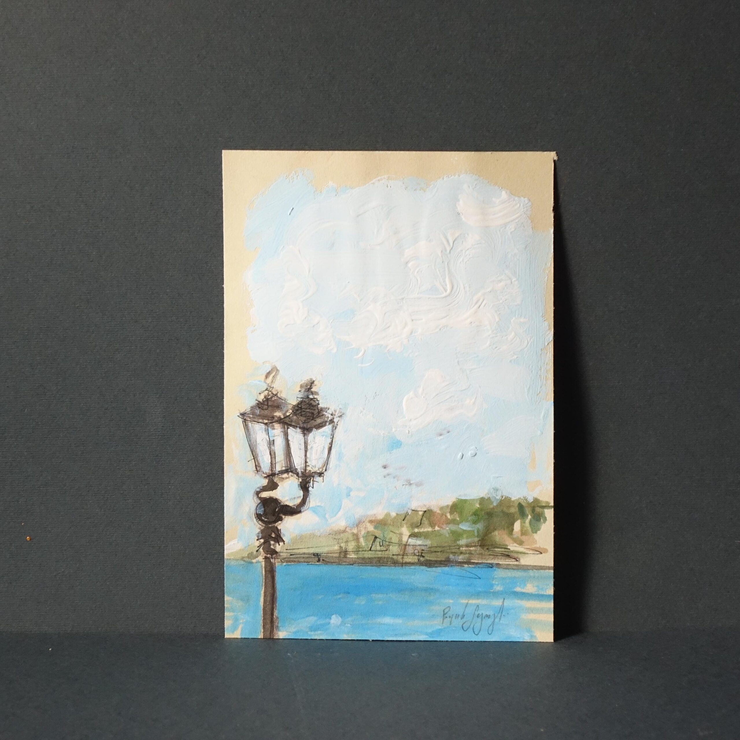 Dipinto originale su carta con paesaggio marino, Mergellina di Napoli – opera firmata, arte mediterranea, firmato Pasquale Scognamiglio